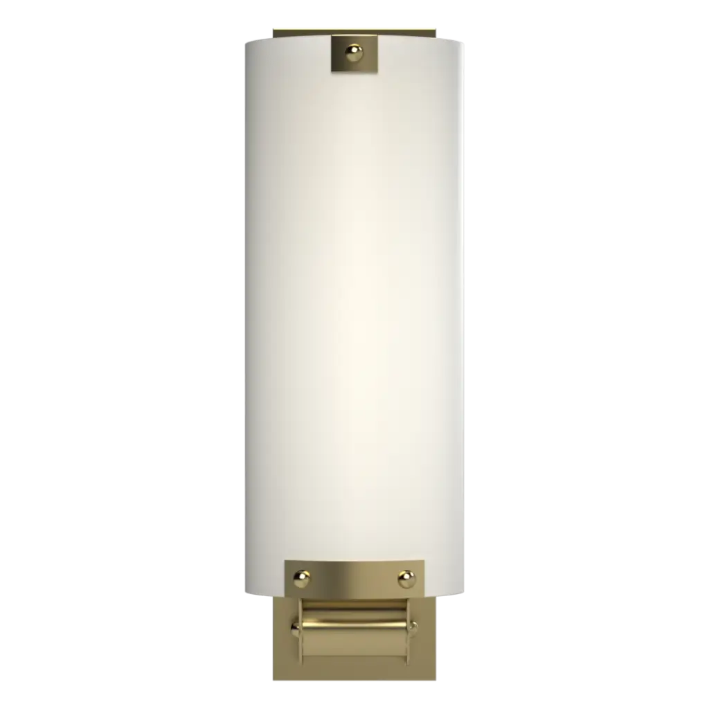 Wall-mounted light fixture with white shade and gold base on a white background