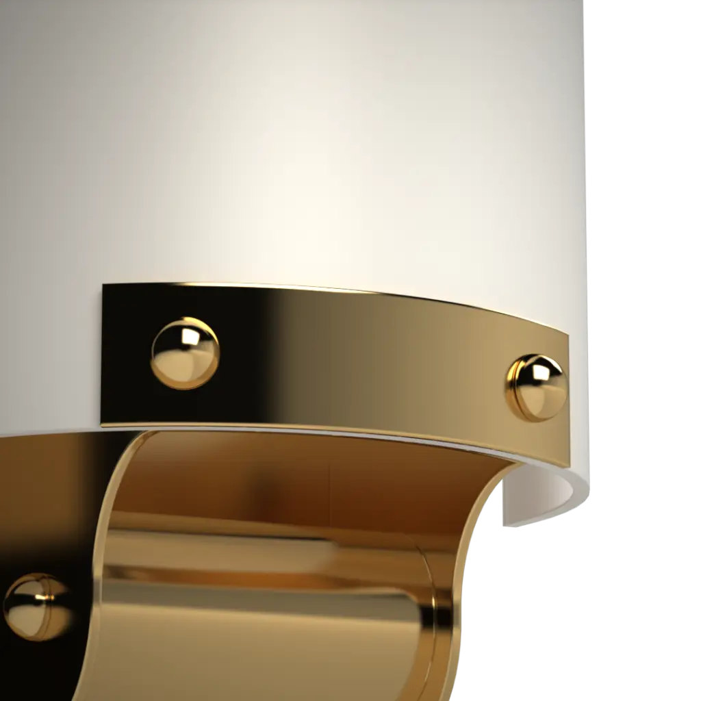 Gold wall sconce with white shade on a white background