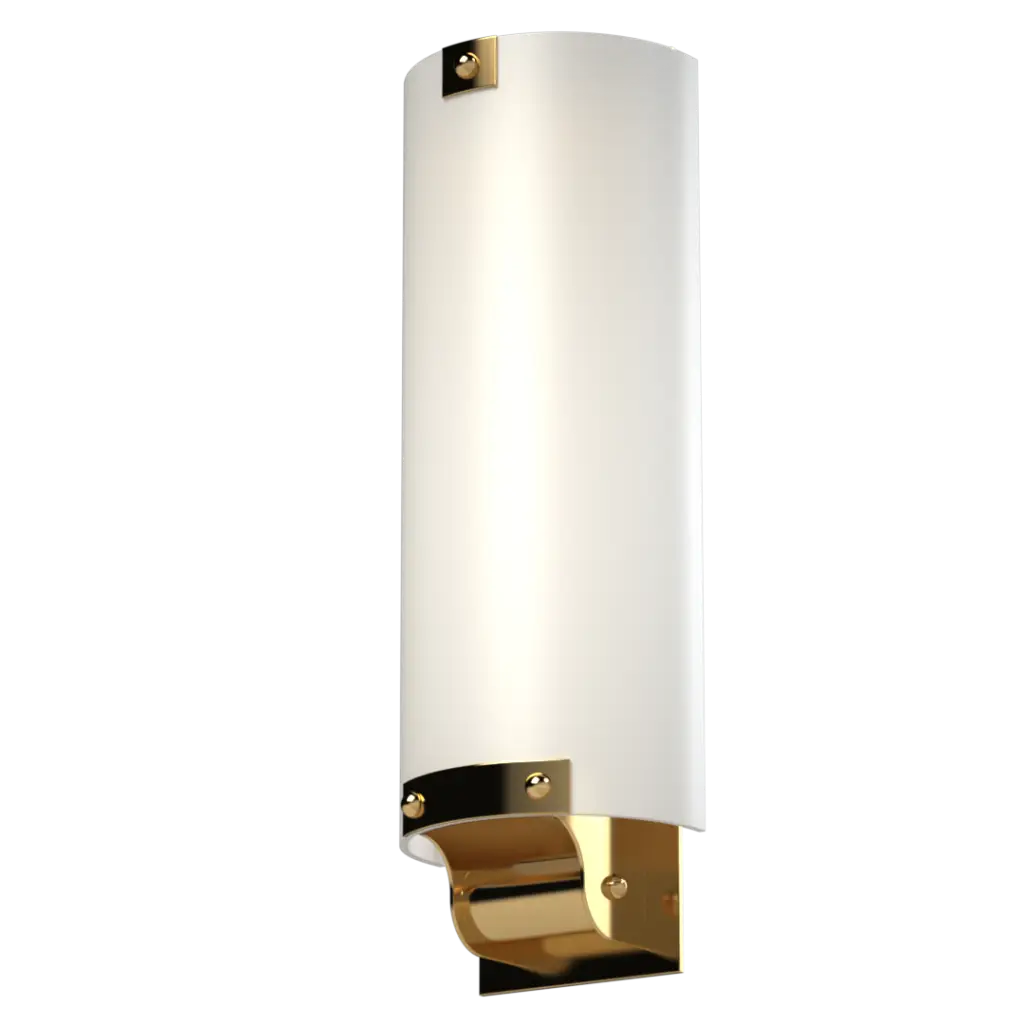 Wall-mounted light fixture with white cylindrical shade and gold base on a white background