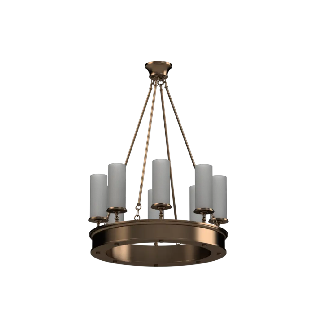 Bronze chandelier with white candles on a white background