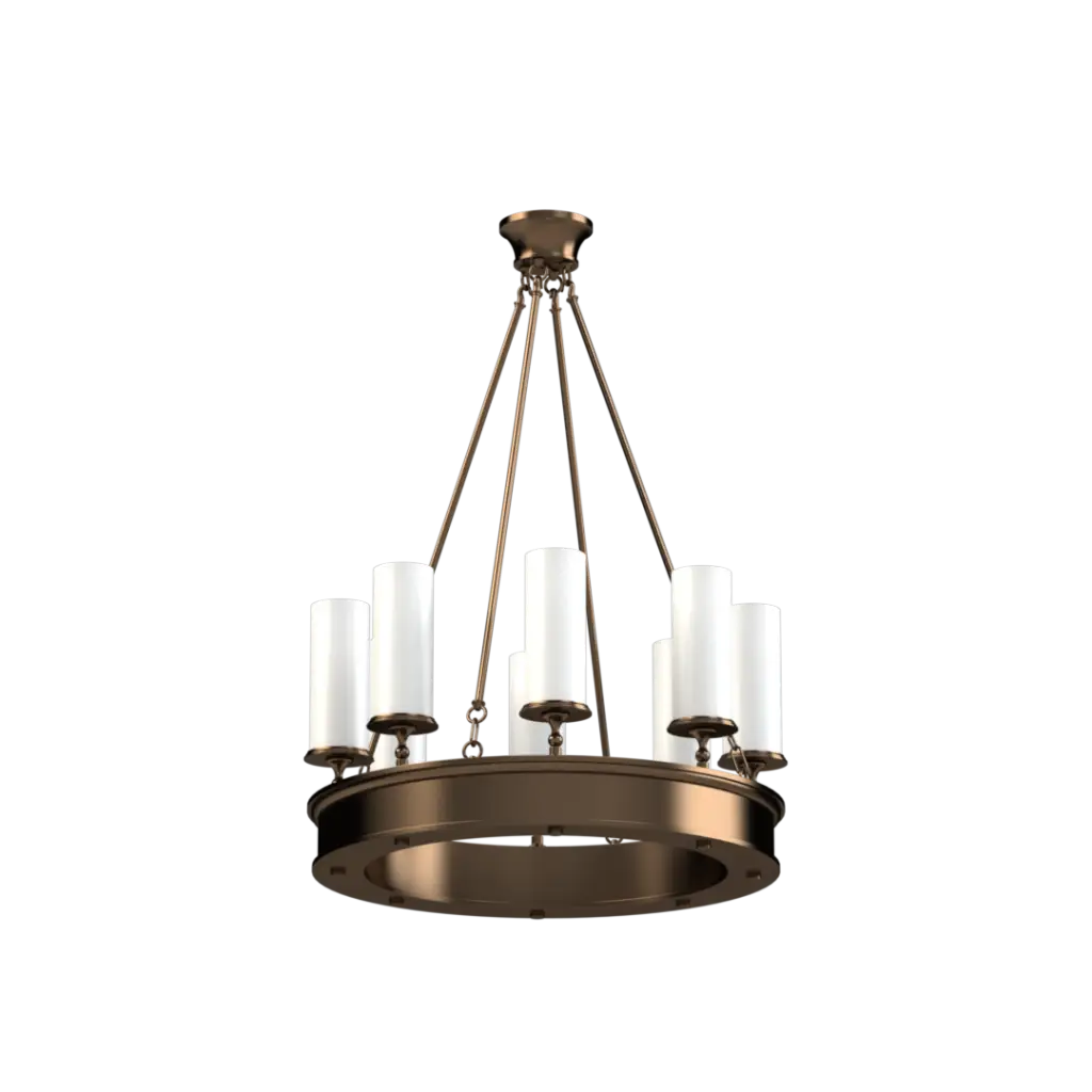 Bronze chandelier with white candles on a white background