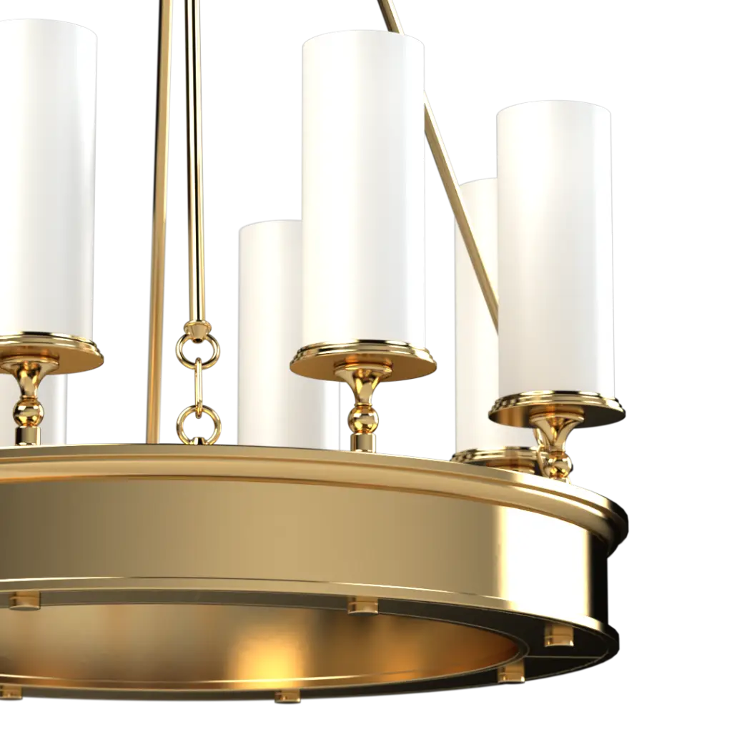 Gold chandelier with white candles on a white background
