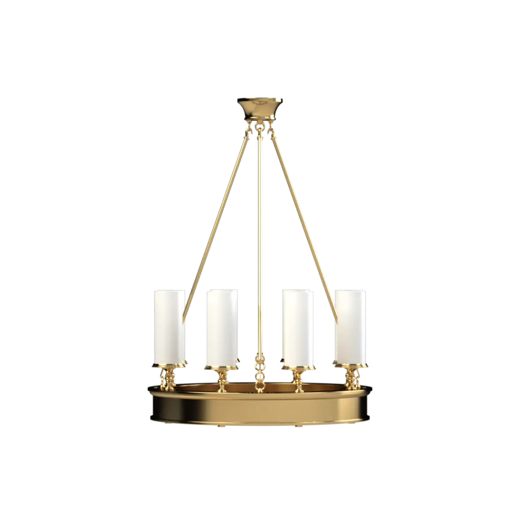 Gold chandelier with four white candles on a white background