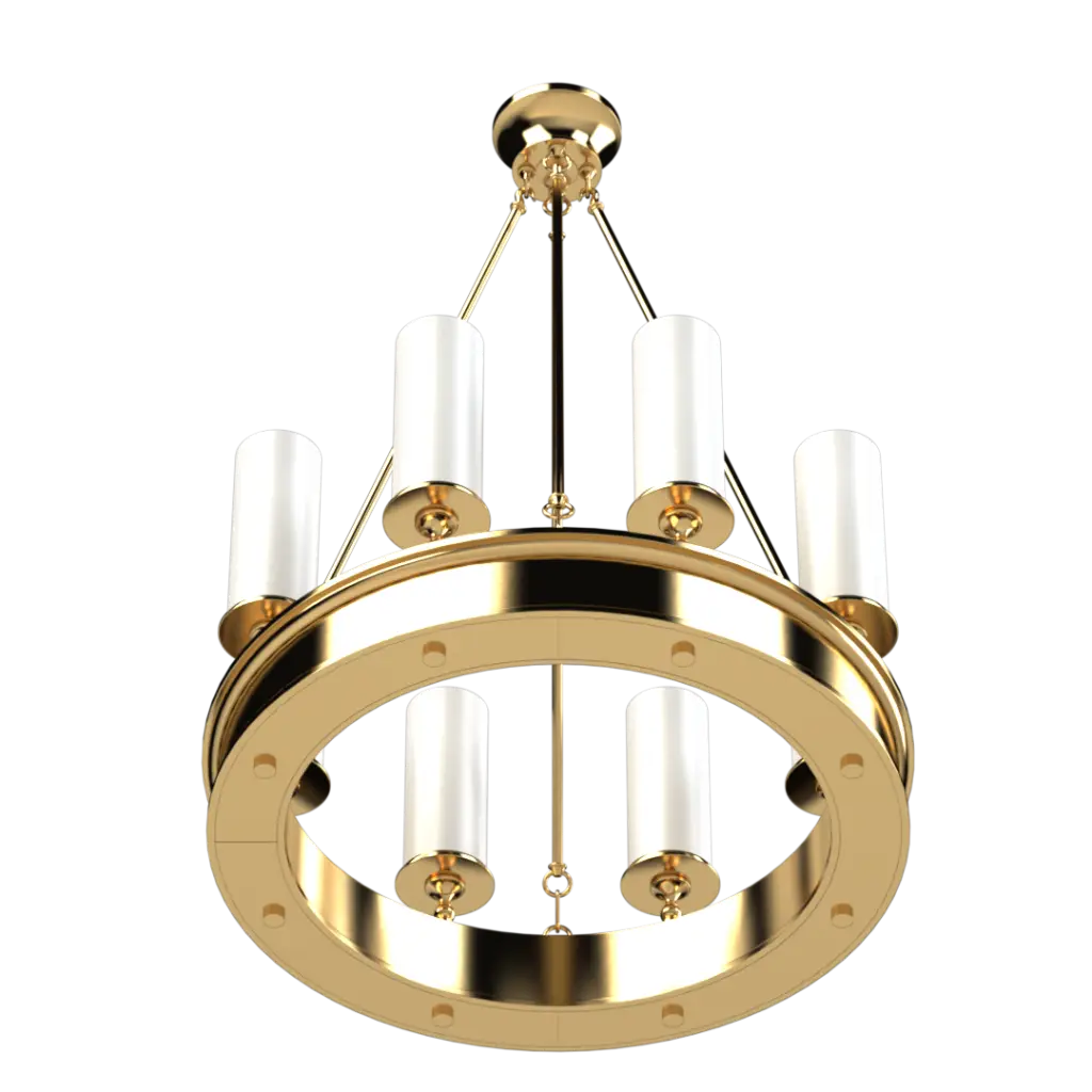 Gold chandelier with white candles on a white background