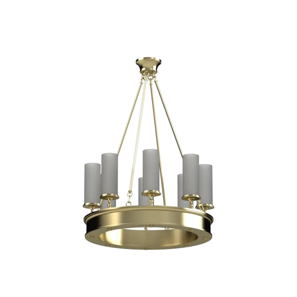 Gold chandelier with gray candle-like lights on a white background