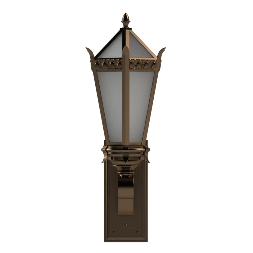 Decorative outdoor wall light fixture on a white background