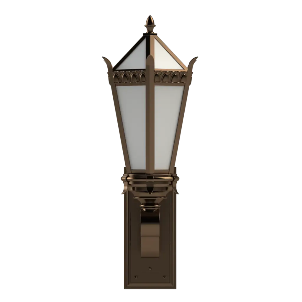 Decorative outdoor wall light fixture on a white background