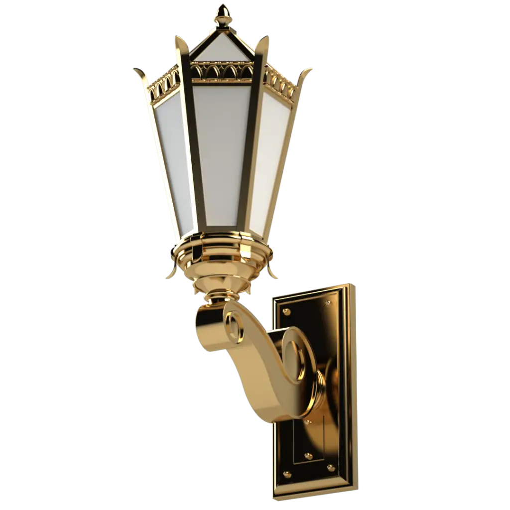 Gold outdoor wall light fixture on a white background