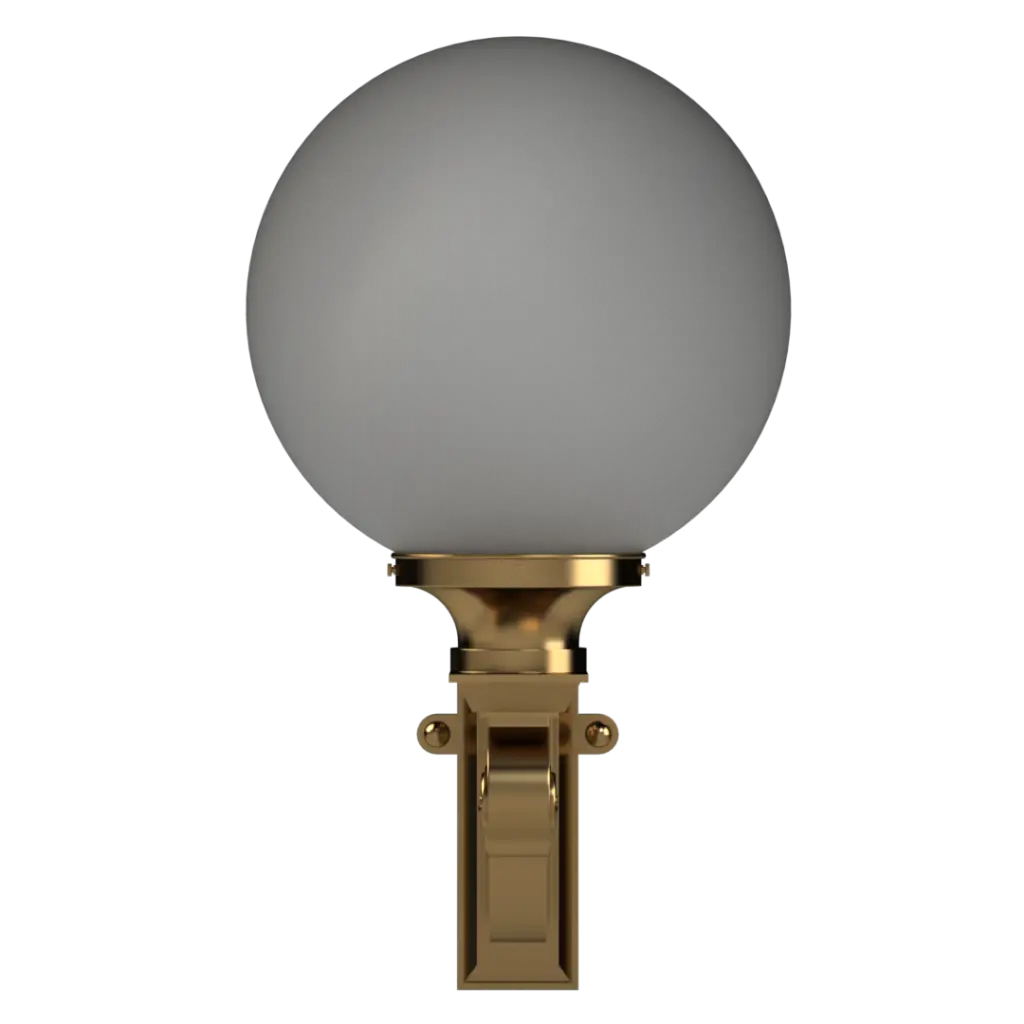 Wall-mounted light fixture with a gray globe and gold base on a white background
