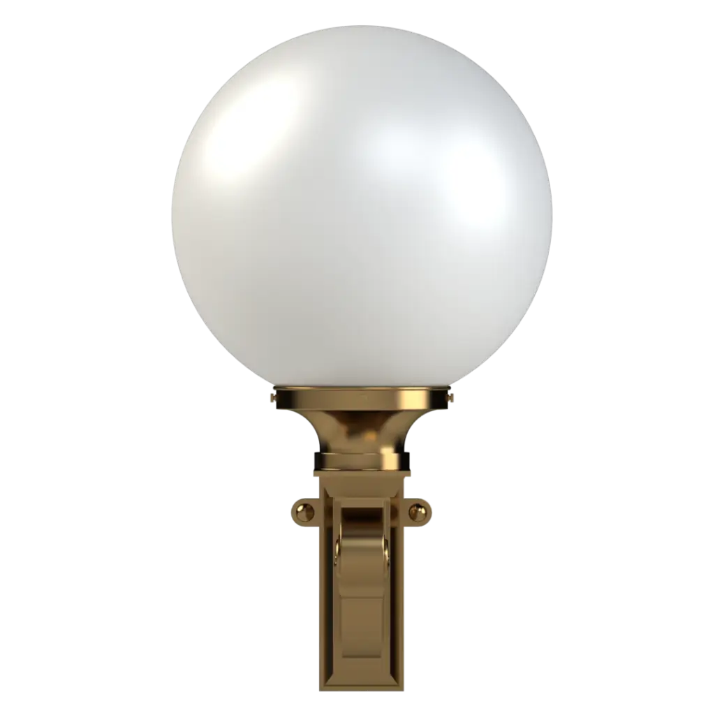 Wall-mounted light fixture with a gold base and white spherical glass cover on a white background