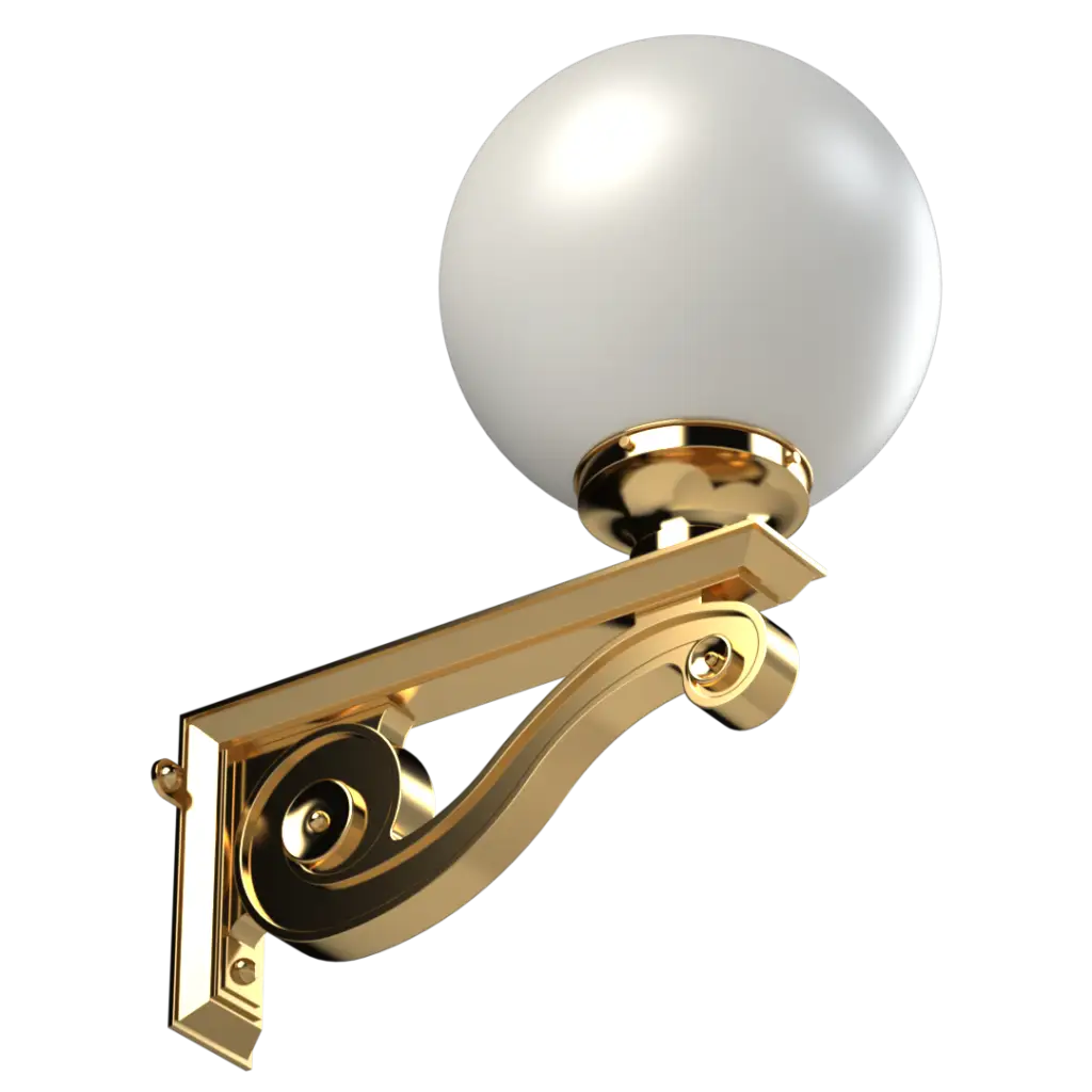 Wall sconce with gold fixture and white glass globe on a white background