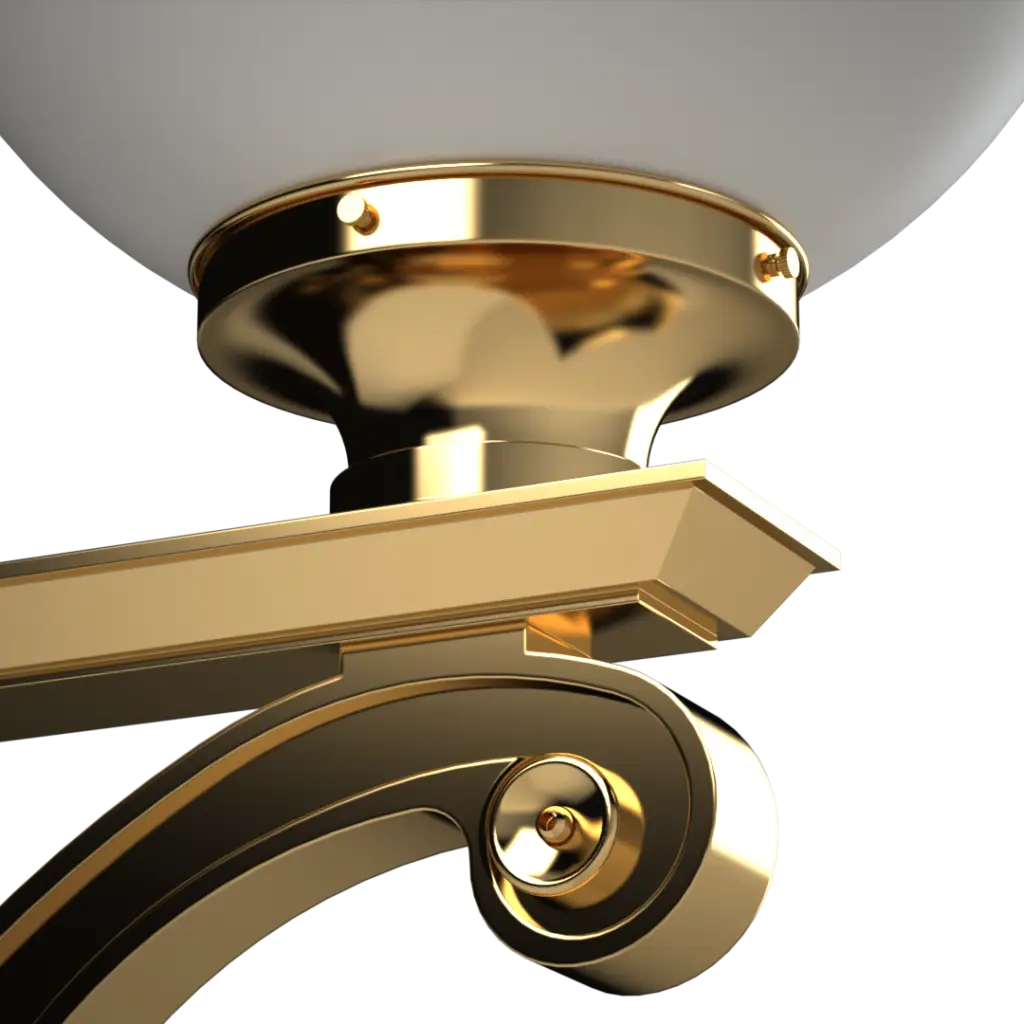 Close-up of a gold ceiling light fixture with a white lampshade.