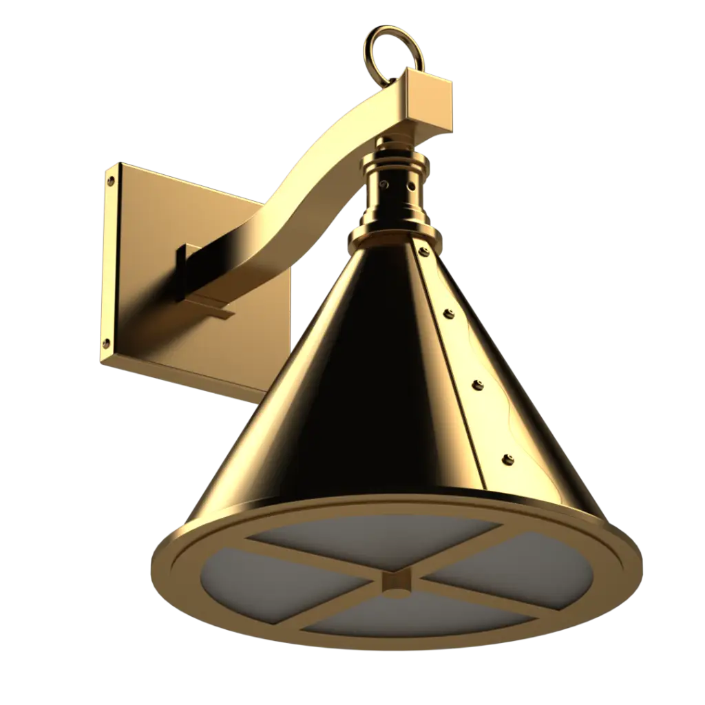 Golden metal wall sconce with a conical shade and a frosted diffuser.