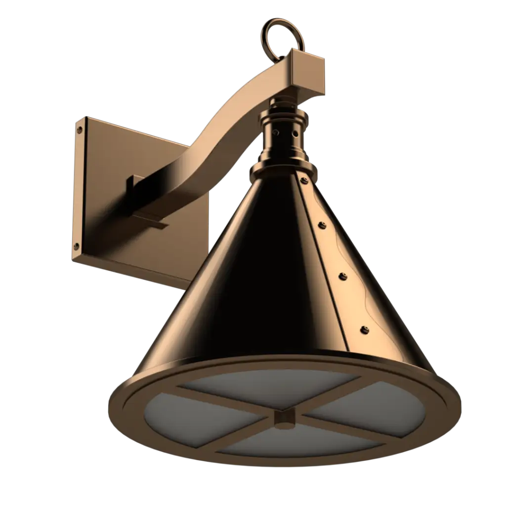 Bronze-colored wall-mounted light fixture with a conical shade and a glass diffuser.