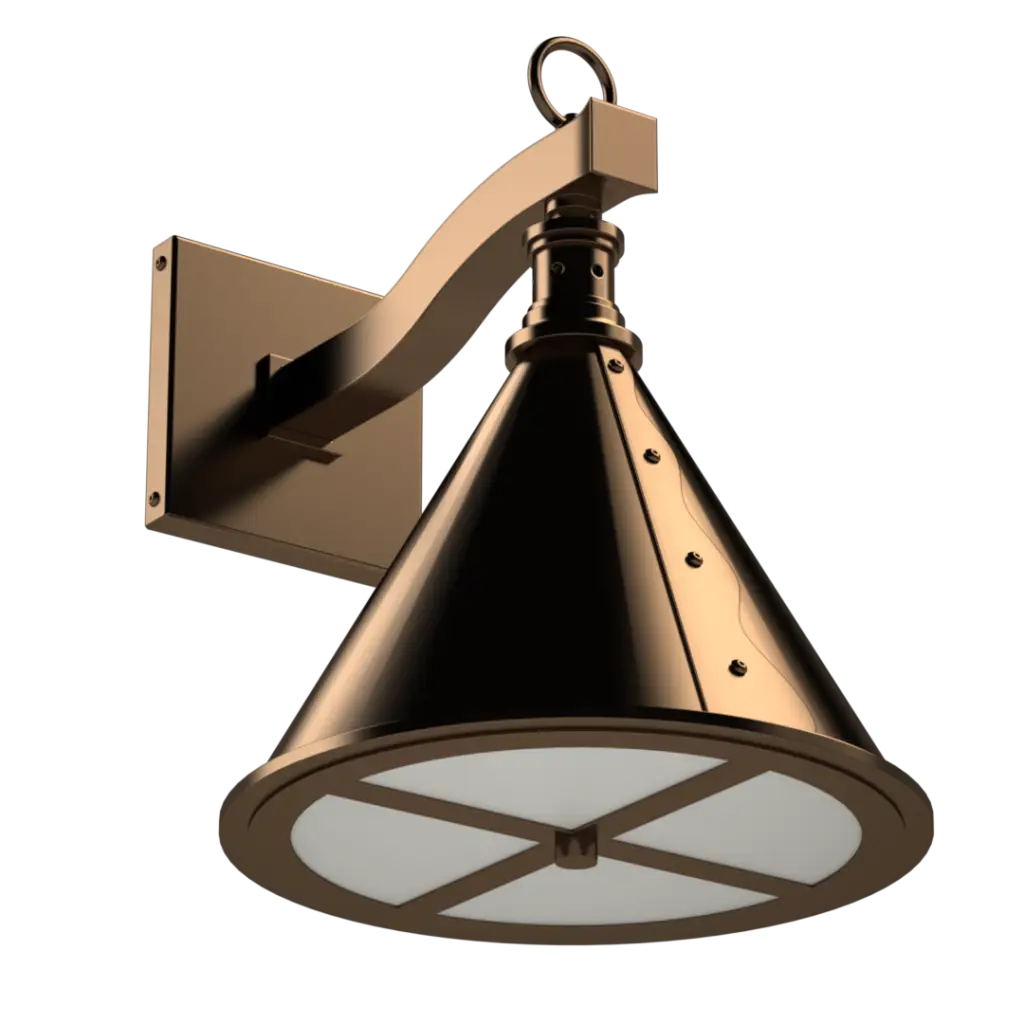 A bronze-colored wall-mounted light fixture with a conical shade and a frosted glass diffuser.