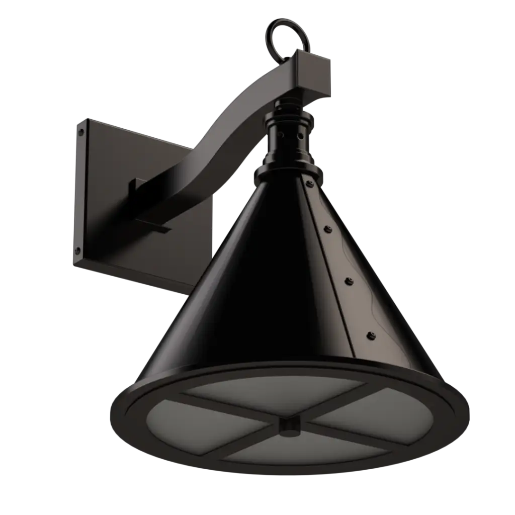 Dark-bronze outdoor wall light with a conical shade and a glass diffuser.