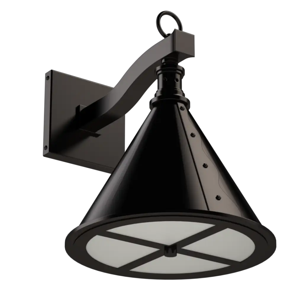 Black metal outdoor wall lantern with a conical shade and frosted glass diffuser.