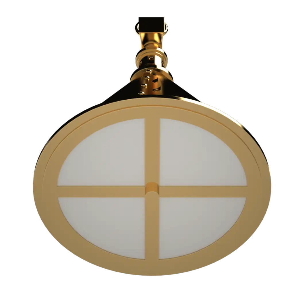 Gold-plated circular shower head with a white face.