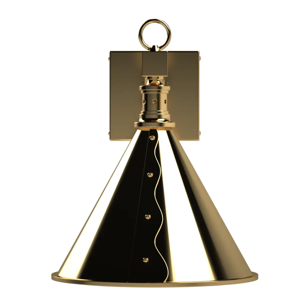 A polished golden wall sconce with a conical shade and decorative wavy accents.