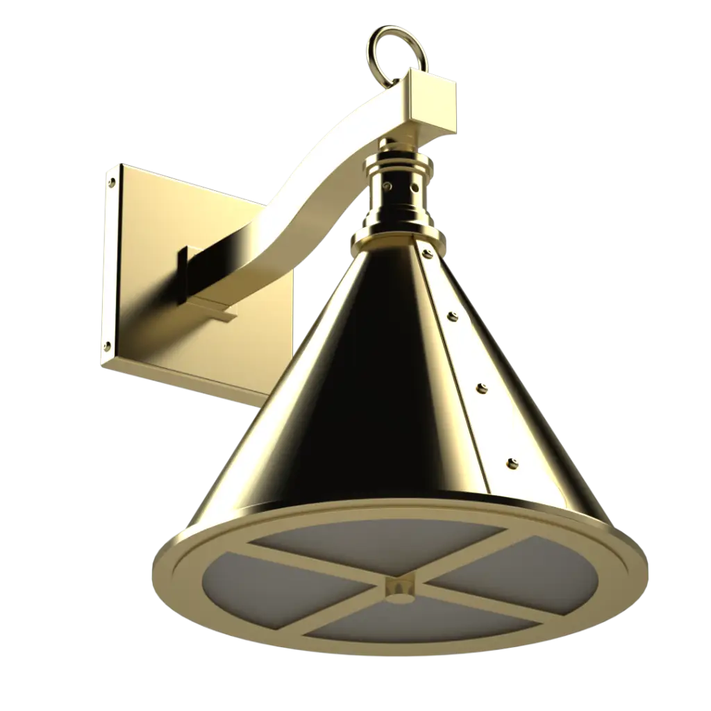 A polished brass wall sconce with a conical shade.