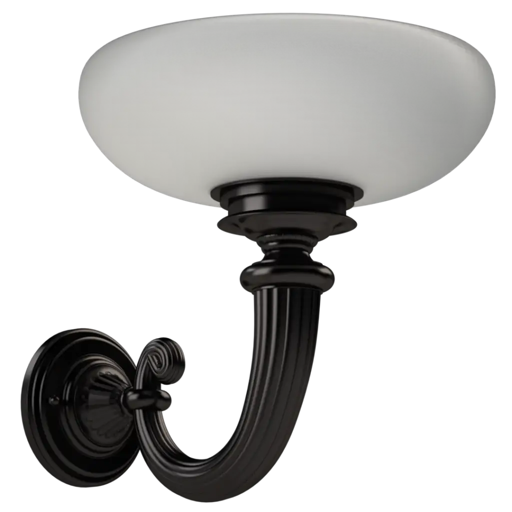 Black wall sconce with a frosted white glass shade.