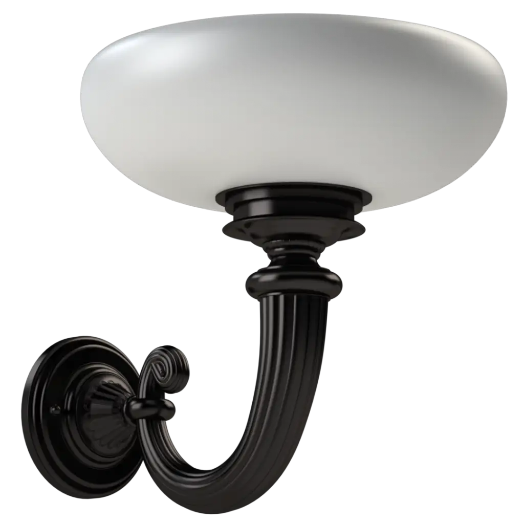 A dark bronze wall sconce with a white glass bowl shade.