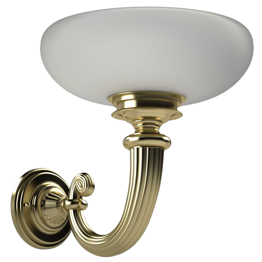 Ornate brass wall sconce with a white glass shade.
