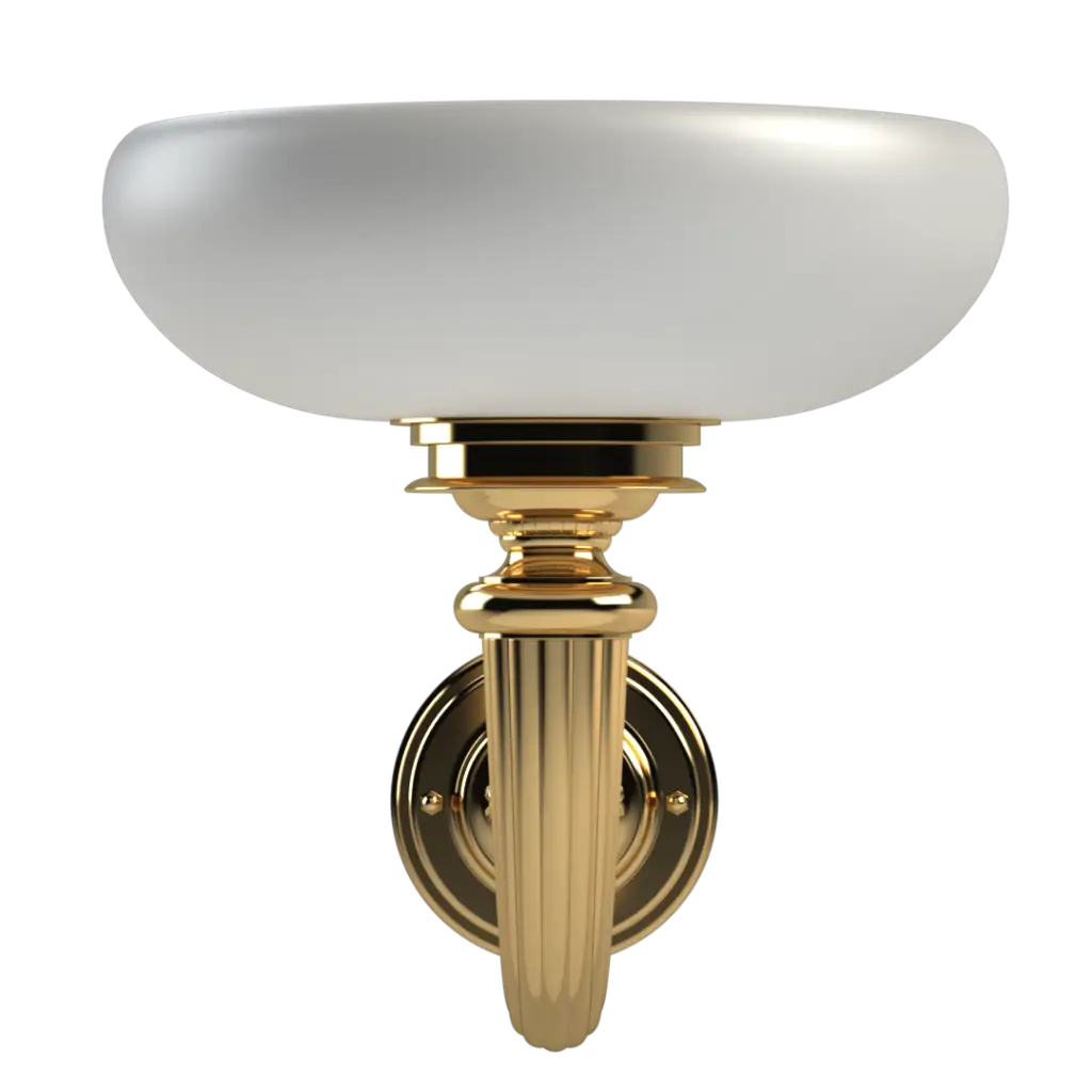 A gold and white wall sconce with a rounded, frosted glass shade.