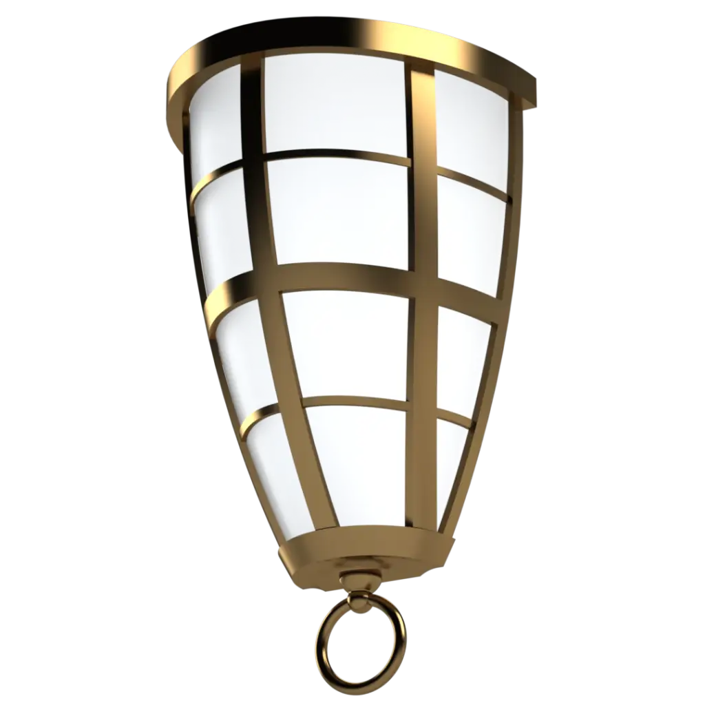 A gold-colored outdoor wall lantern with a caged design and a white frosted glass diffuser.