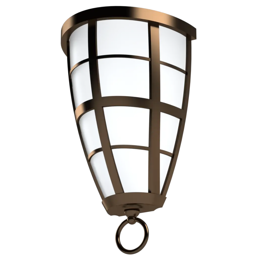 Bronze-toned outdoor wall lantern with a caged design and frosted glass panels.