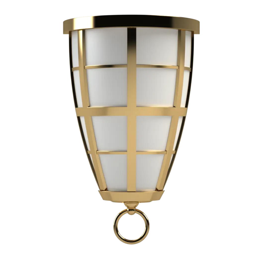 A gold-framed wall sconce with a white, tapered glass shade and a decorative hanging ring.