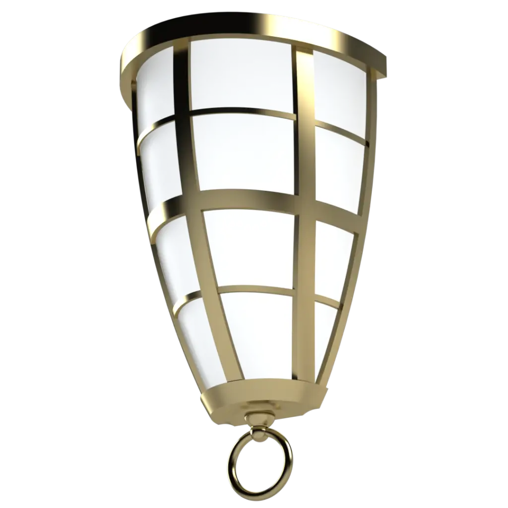 A gold-colored metal lantern with a caged design and a hanging ring.