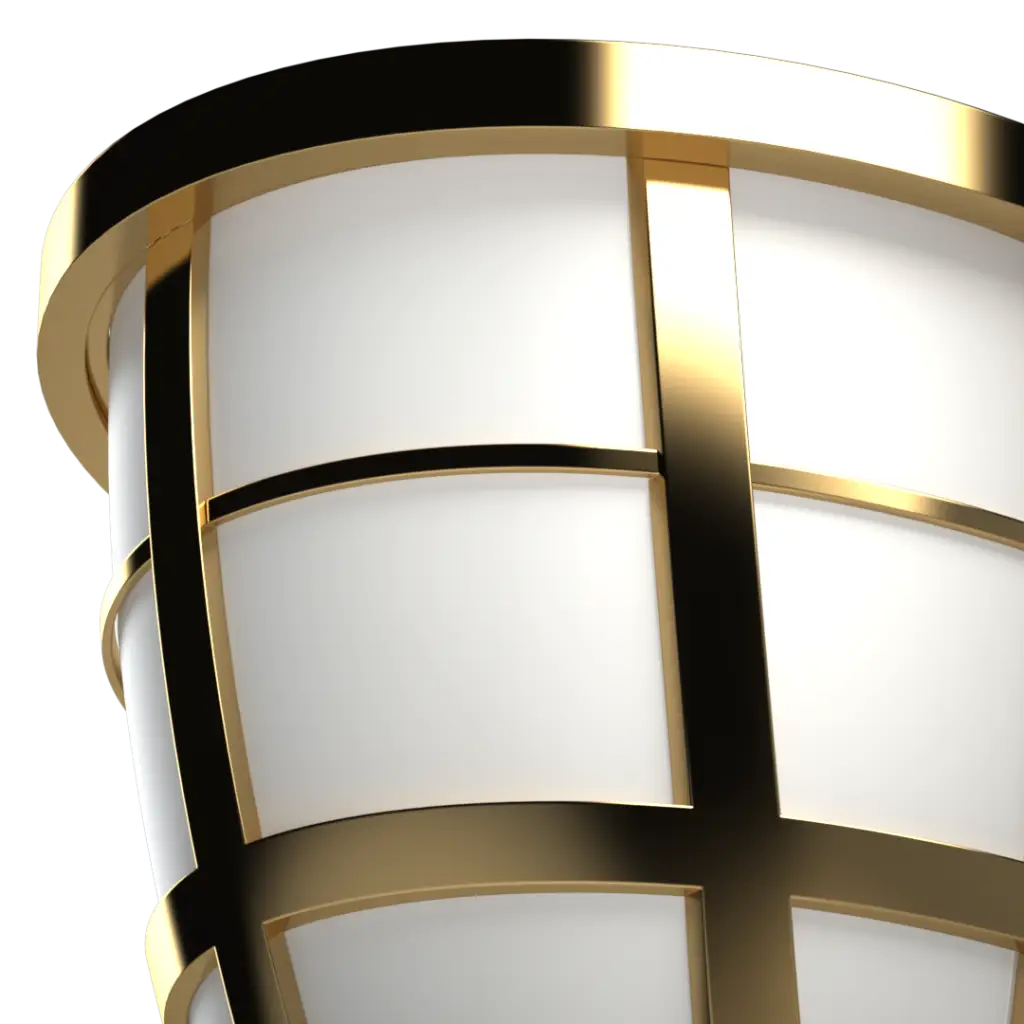 A gold and white cylindrical lamp with a cage design.
