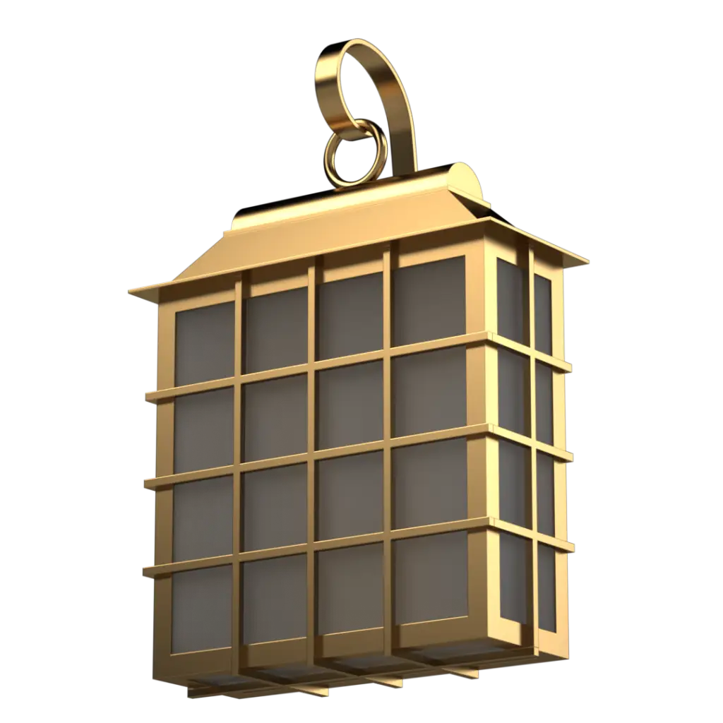 A golden, rectangular lantern with a decorative hanging loop.