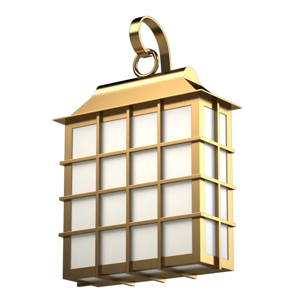 A rectangular golden lantern with white panels.