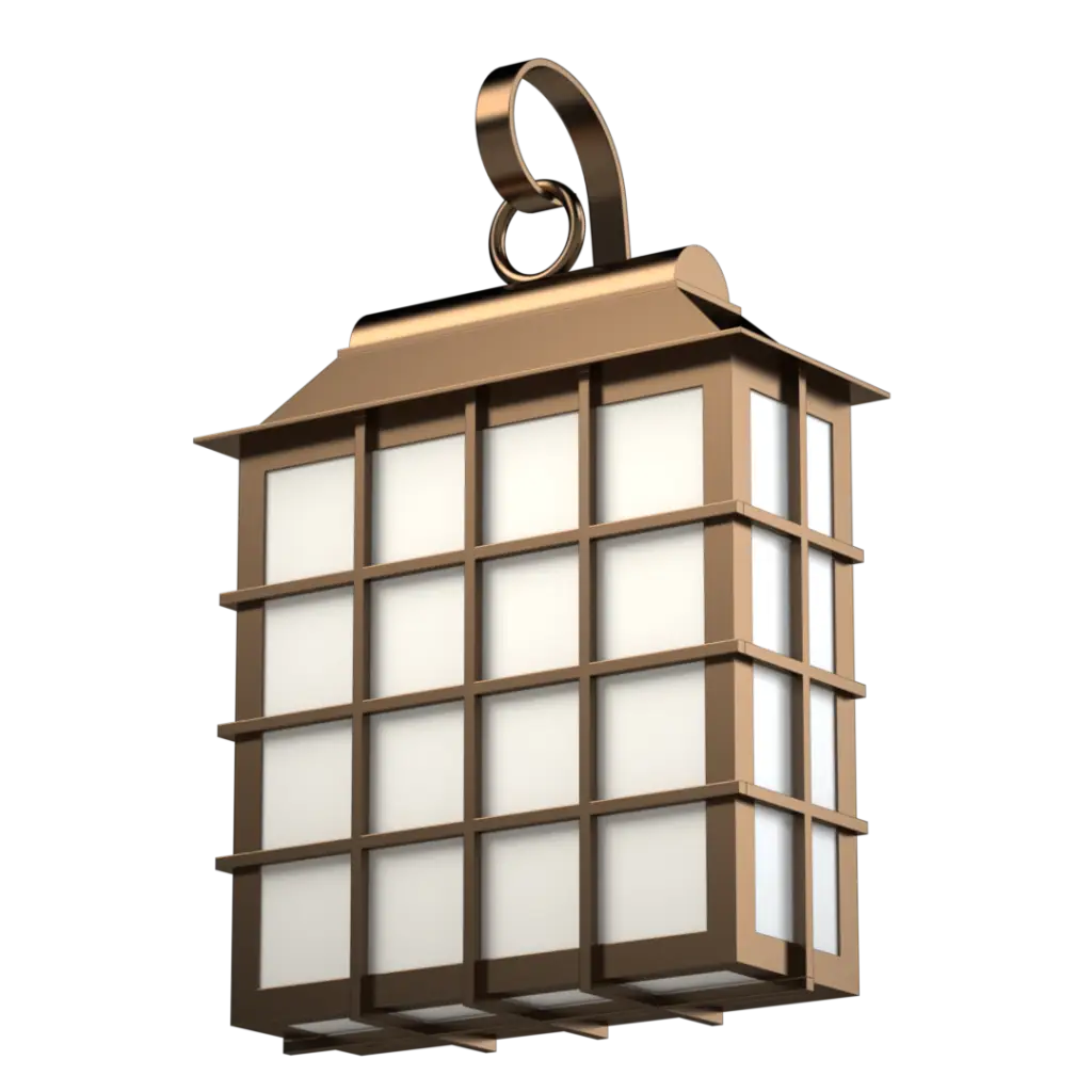 A bronze-colored lantern with a curved hanging loop and square translucent panels.