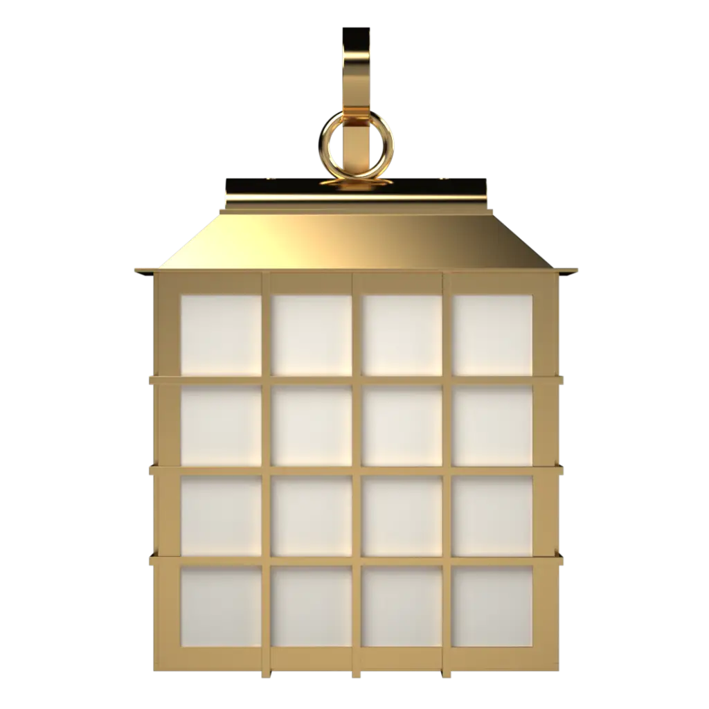 A golden, square-shaped lantern with a grid pattern of frosted glass panels.