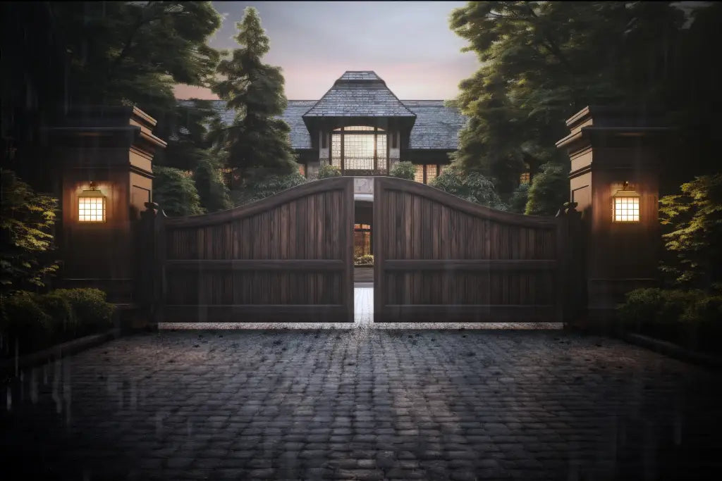 A grand, two-story house with a prominent, dark-shingled roof and large windows, partially obscured by an ornate wooden gate.