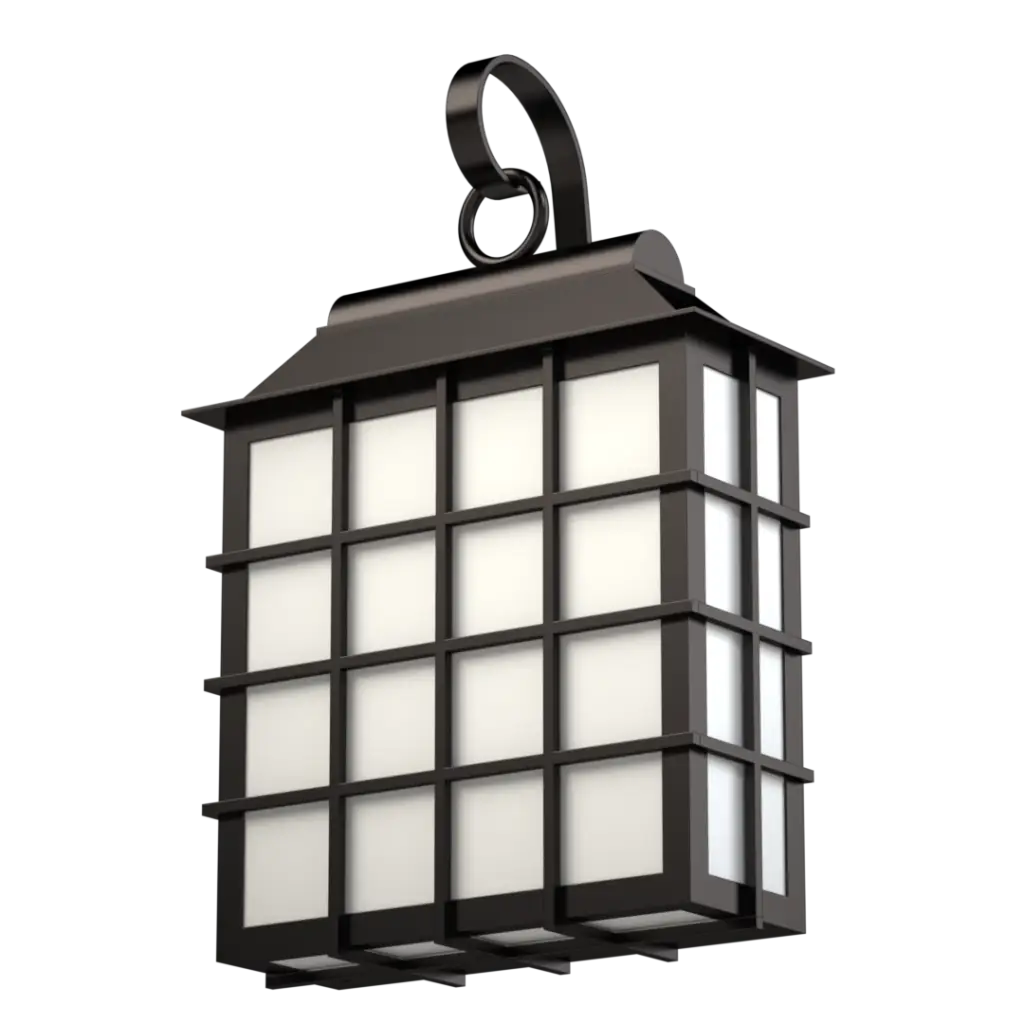 A dark-colored, rectangular outdoor wall lantern with a decorative scrolled hanging arm.