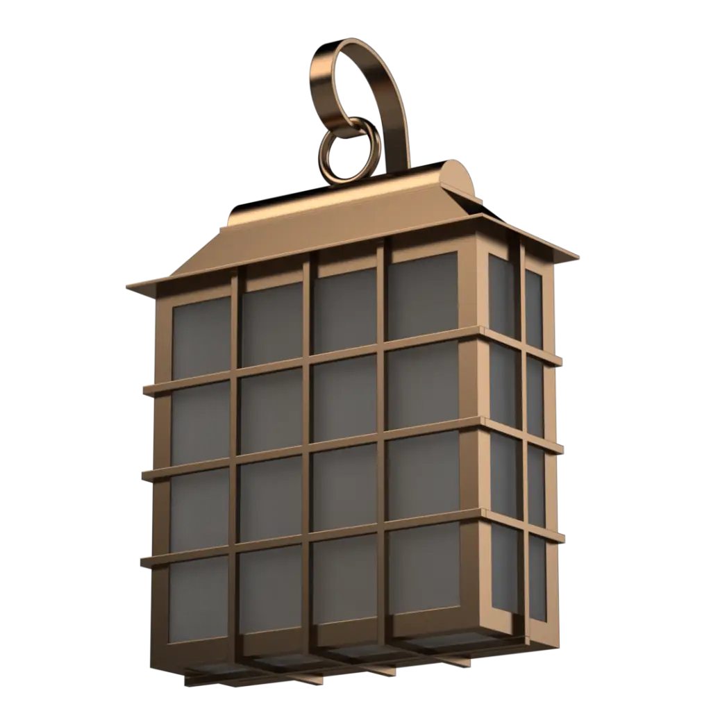 A rectangular bronze lantern with a curved top handle.