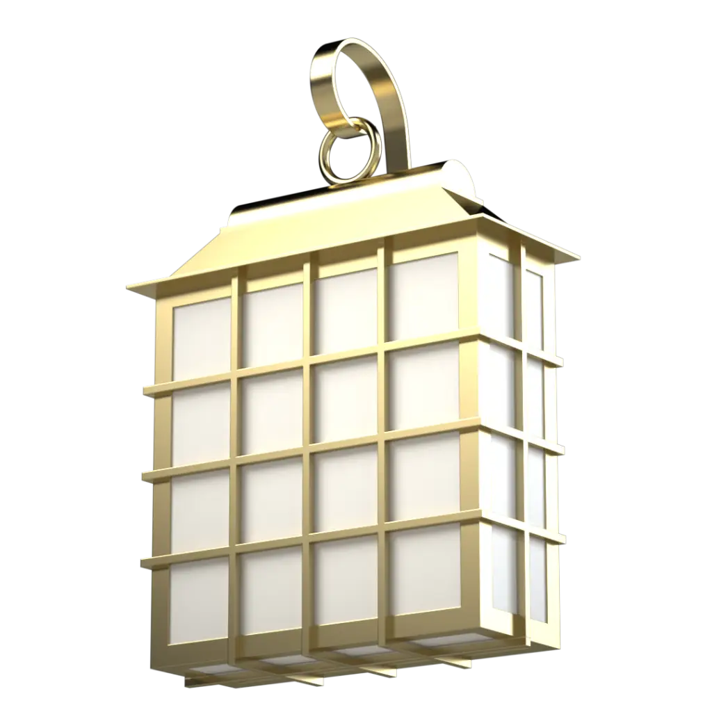 A gold-colored lantern with a grid-patterned frame.