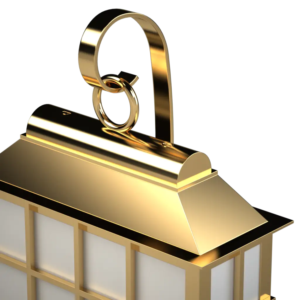 A shiny golden lantern with a handle and decorative glass panels.