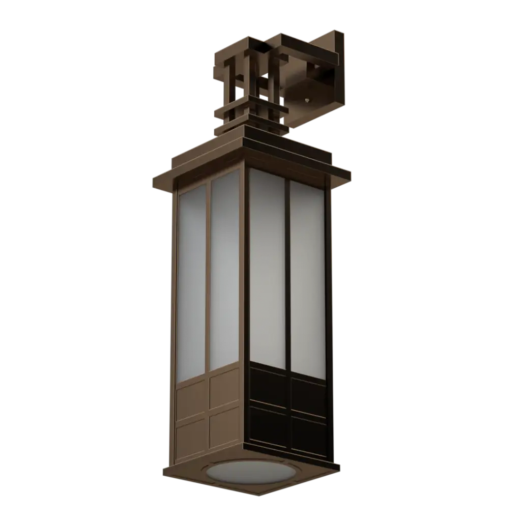 A brown and black square-shaped outdoor wall lantern with frosted glass panels.