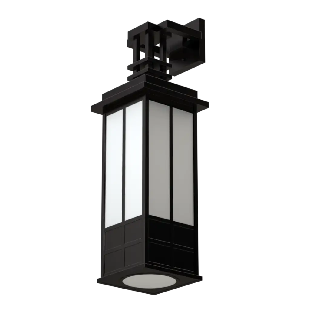 Black outdoor wall lantern with frosted panels.