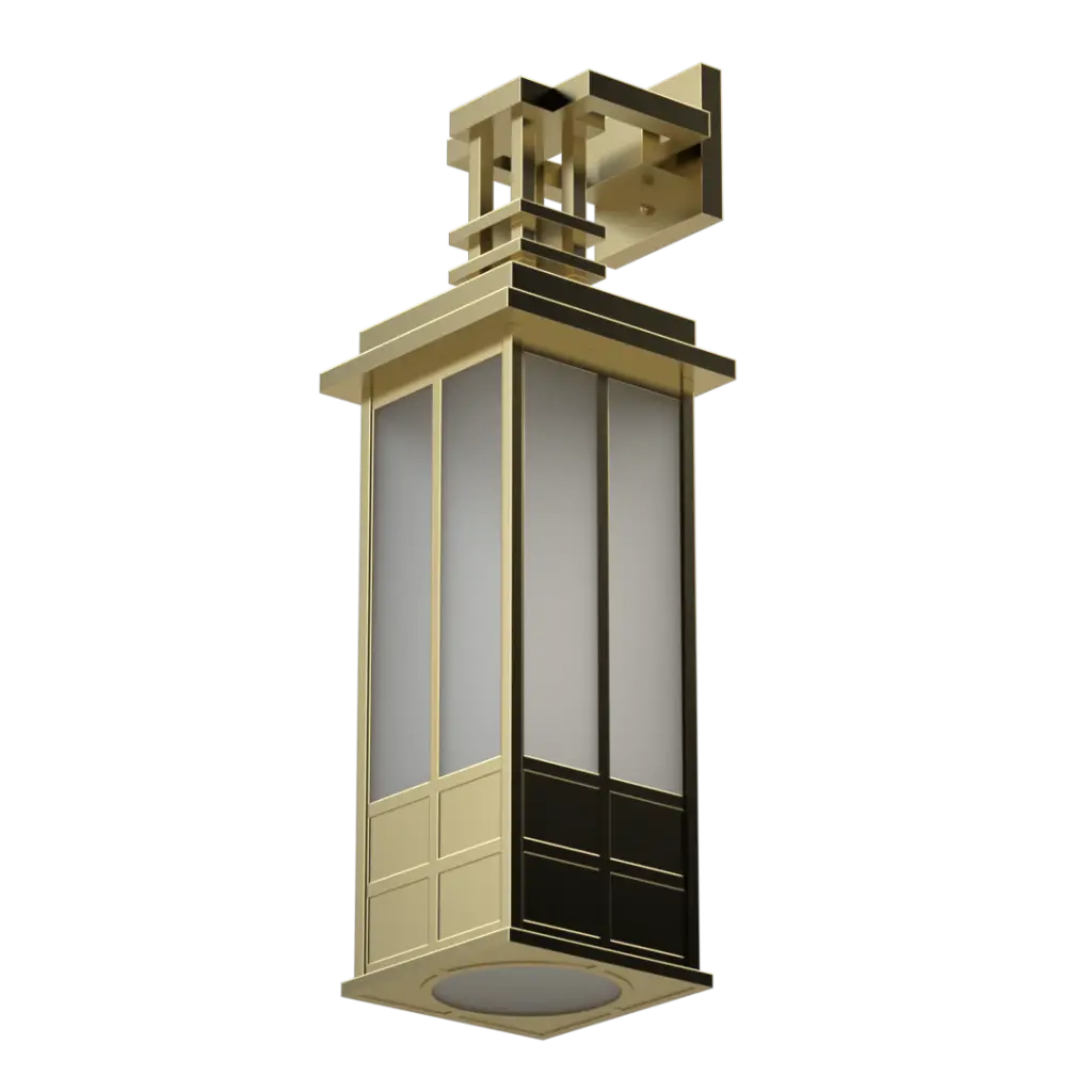 Gold and black outdoor wall lantern with frosted glass panels.