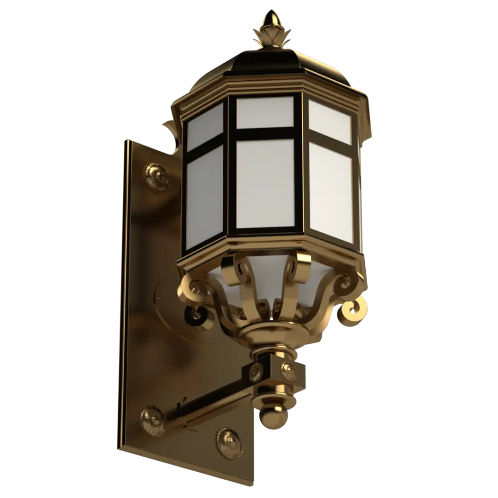 Ornate brass outdoor wall lantern with frosted glass panels.
