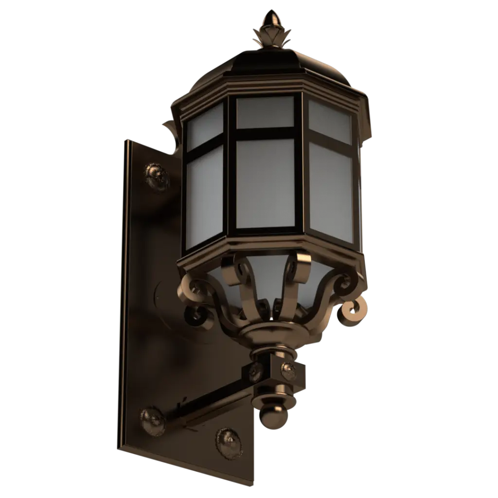 An antique-style bronze outdoor wall lantern with frosted glass panels.