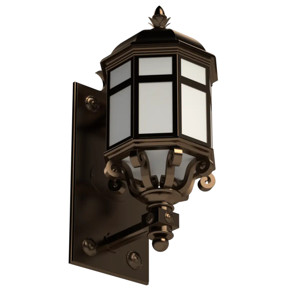 An ornate, dark bronze hexagonal outdoor wall lantern with frosted glass panels.