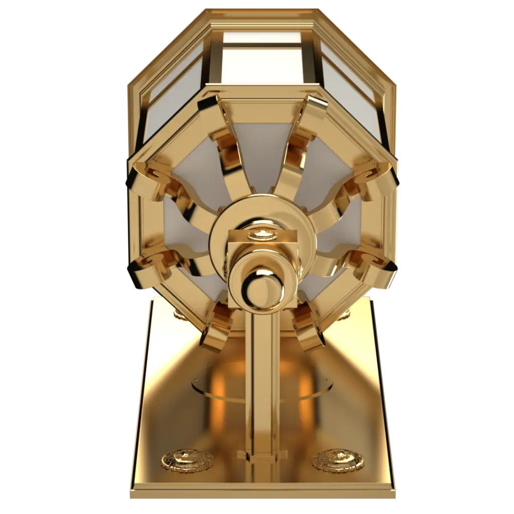 A golden lottery machine with an octagonal drum.