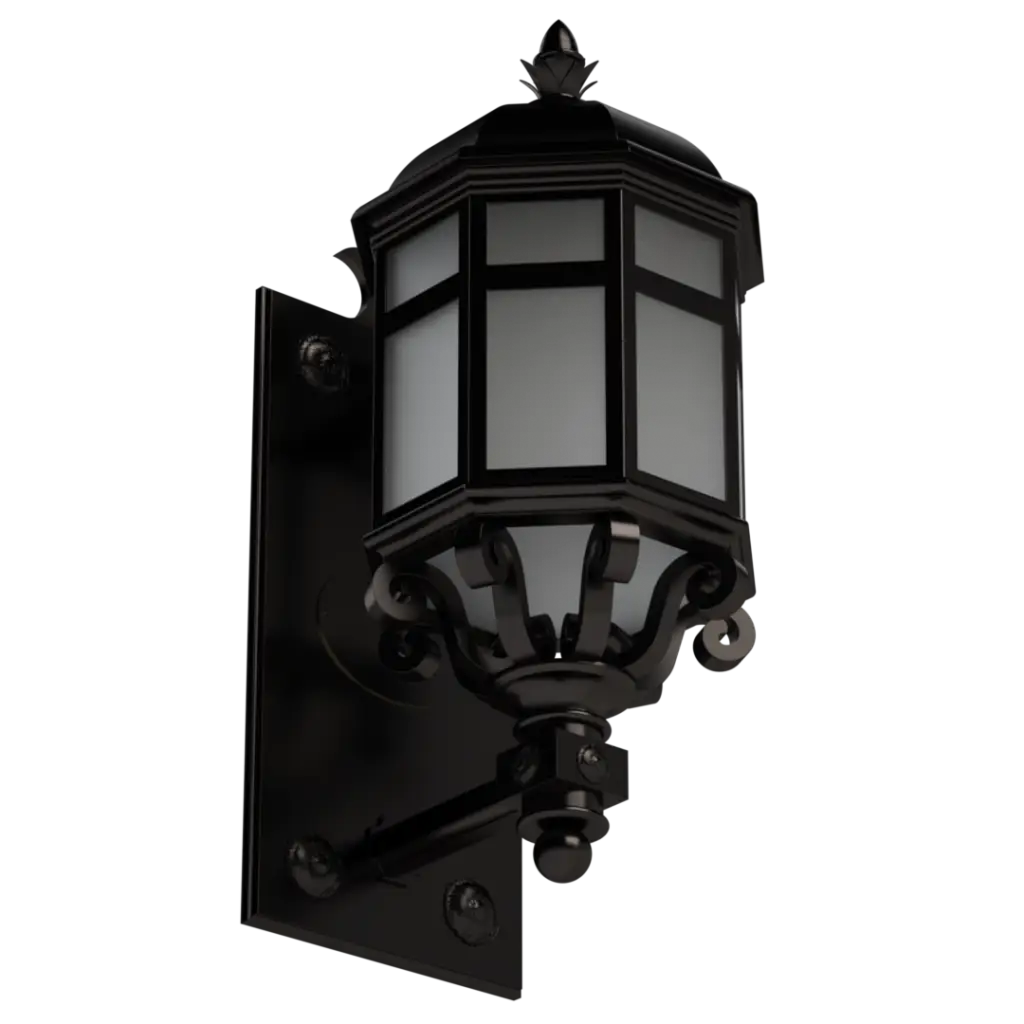 Black, hexagonal outdoor wall lantern with frosted glass panels.
